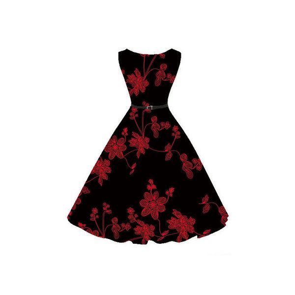 

women female ladies vintage casual hepburn style retro belted round neck floral printing sleeveless swing baggy dress, Black;gray