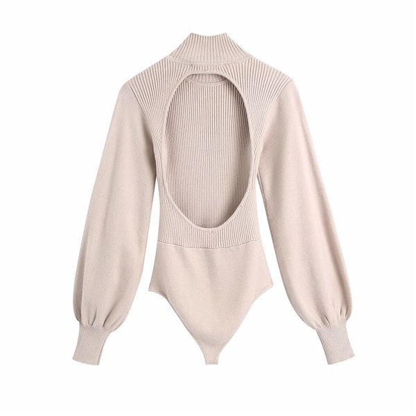 

new 2021 knitted turtleneck women winter warm puff long sleeve bodysuit woman one piece backless bodysuits d1dg, Gray