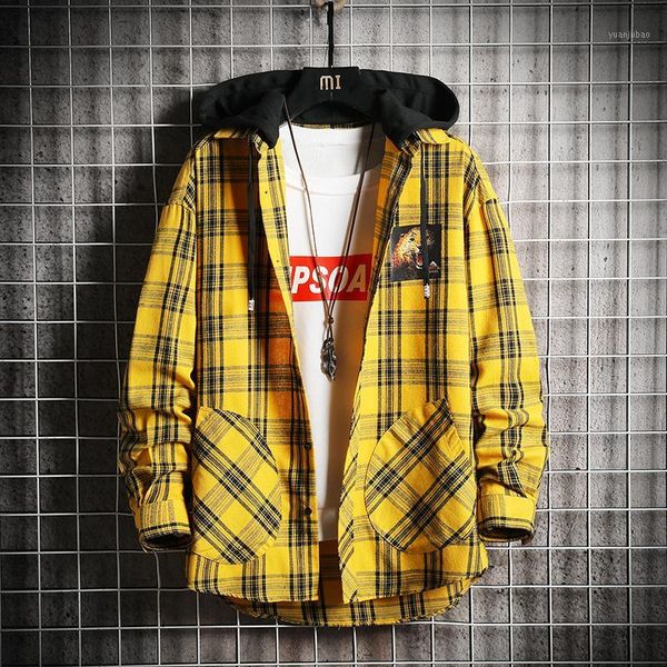 

plaid shirt men streetwear men hooded jacket casual slim fit vintage shirt long sleeve1, White;black