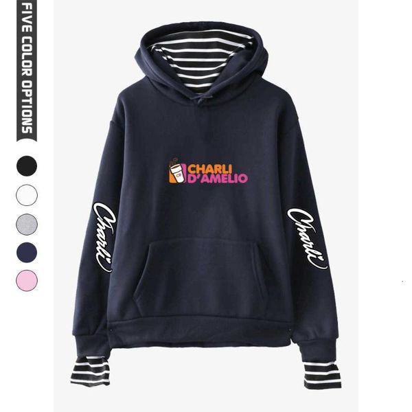 

merch charlie damelio hoodie sweatshirt women teens girls long sleeve damelio merch juice print fake 2 piece top, Black