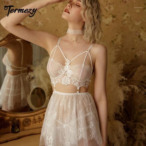 

termezy summer womens lingerie backless sleepwear lace hollow out nightgown with thong set mini nightdress lingerie1, Black;red