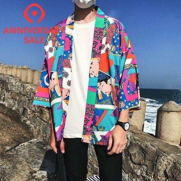 

full printed japanese style kimono jacket men summer three quarter sleeve men's kimono jackets t200117, Black;brown