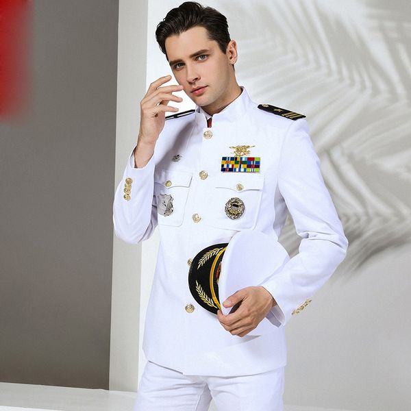 

quality us standard navy uniform white military clothes men america navy formal attire white military suits hat + jacket + pants, White;black