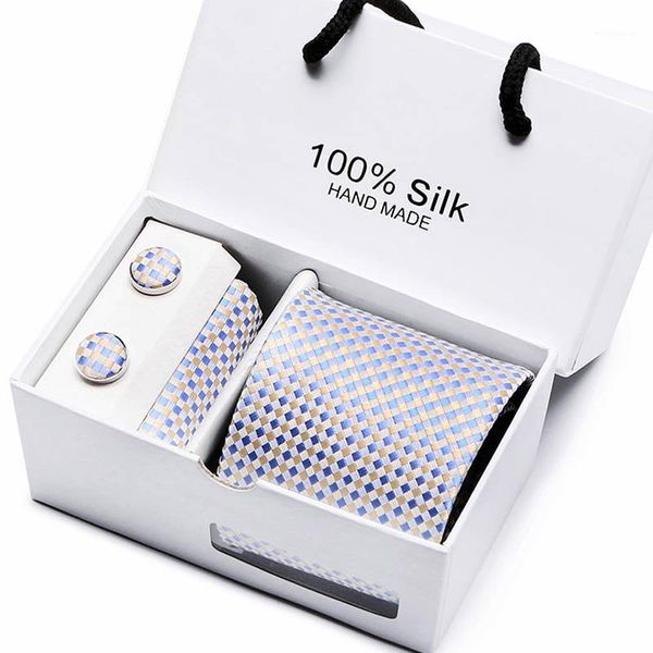 

bow ties 2021 fashion silk jacquard tie white geometric hanky cufflink set for men business wedding party1, Black;gray