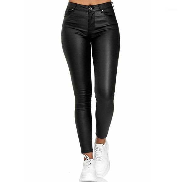 

women fashion mid waist leather leggings black matte pu pants s to plus  sizes slim fitness leggins with pockets1