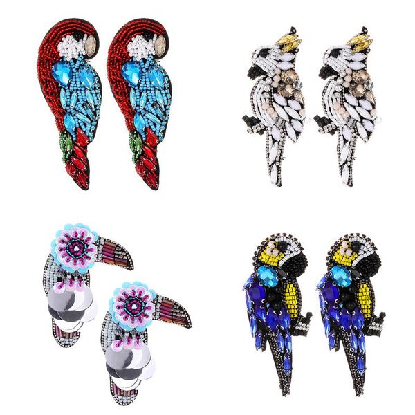 

zhini ethnic handmade bead cute animal parrot bird earrings vintage blue crystal feather drop earrings for women jewelry gift, Silver