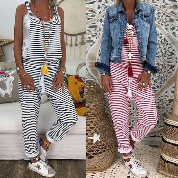 

summer outfits women dungarees harem strap long pant jumpsuits loose backless jumpsuit baggy striped print trousers overalls1, Black;white