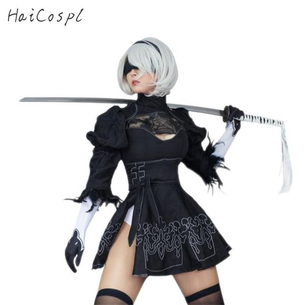Formato cinese Nier Automata Yorha 2B Cosplay Suit Anime Donne Outfit Costume Travestimento Set Fancy Halloween Girls Party Abito nero LJ200930