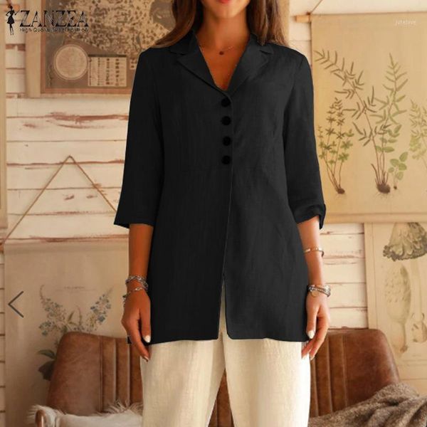 

2020 autumn single button blazer zanzea women solid thin blazers fashion lapel 3/4 sleeve blusas female tunic plus size 5xl1, White;black