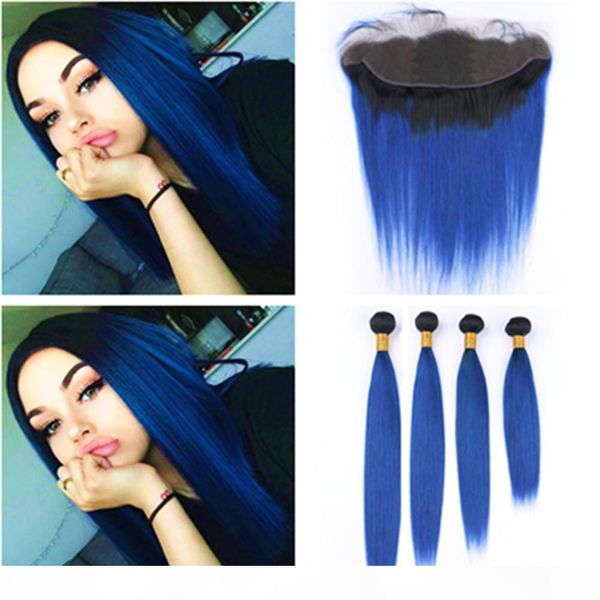 

dark blue ombre human hair lace frontal closure 13x4" with 4 bundles #1b blue ombre brazilian straight weaves virgin hair extensions, Black;brown