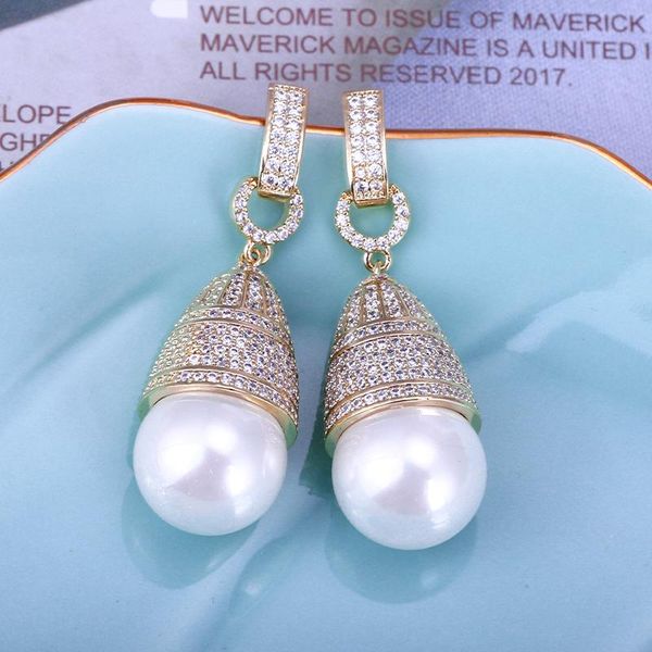 

dangle & chandelier xiumeiyizu luxury 15mm simulated pearl wedding drop earrings paved zirconia ear jewelry for female elegant accessories, Silver