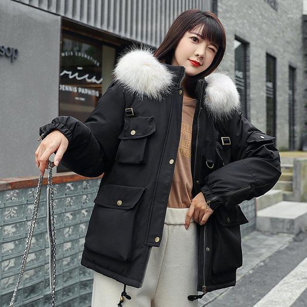 

2020 winter coat women solid hooded short style female jacket with big fur plus size loose casual thick women's parkas1, Black