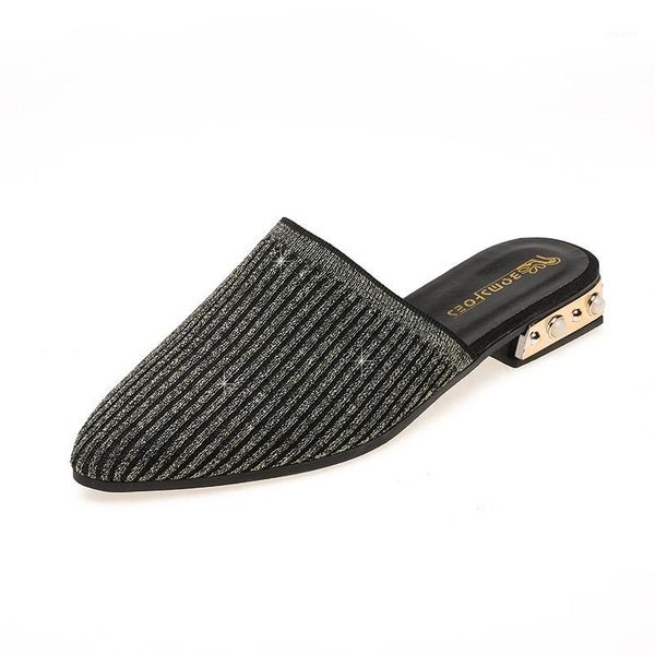 

slippers kjstyrka 2021 bling shoes woman mules summer half fashion pointed toe square low heels casual slides1, Black