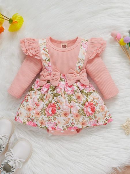 

baby floral bow front ruffle trim bodysuit dress she, Red;yellow