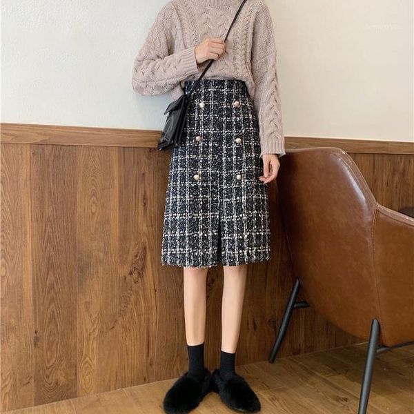 

skirts women tweed skirt fashion style plaid in autumn and winter korean high waist knee length buttock1, Black