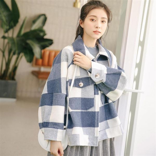 

2020 new korean woolen coat women's autumn winter retro long sleeve plaid wool jackets female outerwear m6821, Black