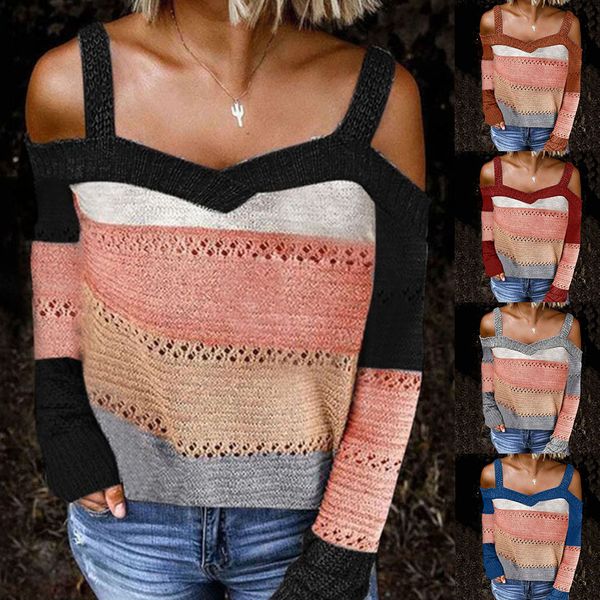 Женские свитера Сексуальные женщины с длинным рукавом холодные плечо вязаный свитер Стиалет Pullover 2021 Colorblock без бретелек рукава