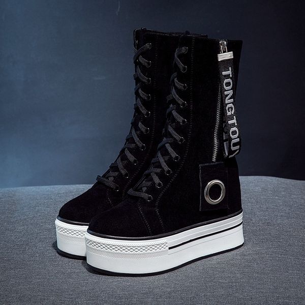 

swonco black wedge shoes women platform sneakres ankle boots for women female causla shoes side zipper chunky wedges boots y200915