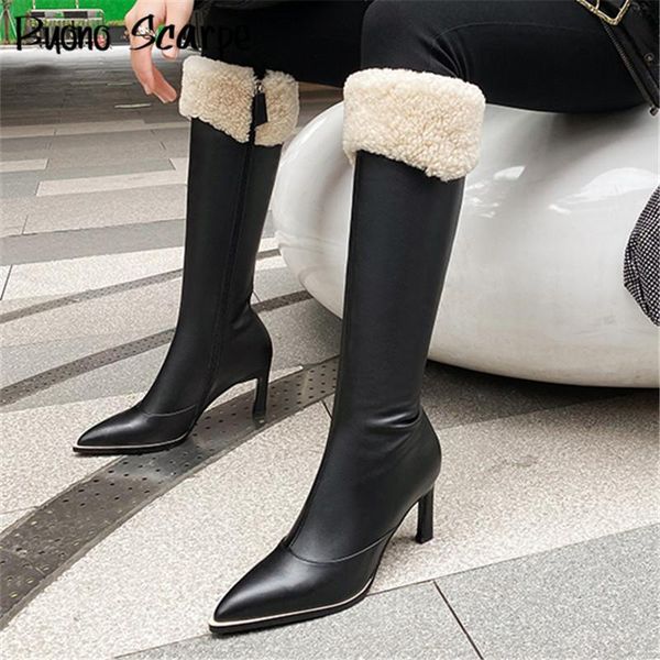 

boots autumn winter style fashion elegant long leather wool warm women's pointed toe zipper thin heels ladies shoes, Black