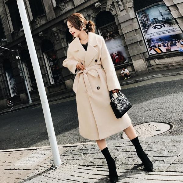 

women's wool & blends office lady loose long coat for women turn-down collar and jacket double breasted sashes clothes 2021, Black