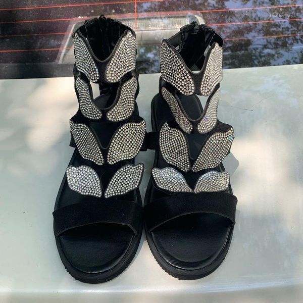 

woman flats sandals rear zipper handmade ladies rhinestone cross butterfly decoration fashion sandals size 34-441, Black