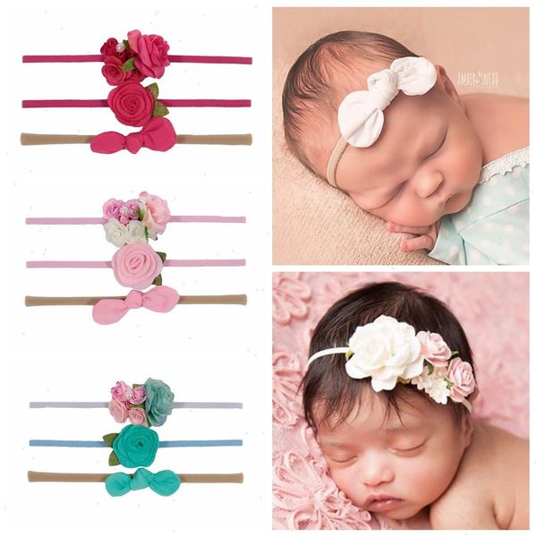 

3pcs lot chiffon bow leaf flower nylon baby headband rose floral newborn headwear girls children hair accessories, Slivery;white
