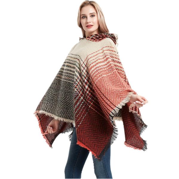 

spring, autumn and winter new style polyester bristles herringbone pattern gradient hooded cape ladies hedging shawl, Blue;gray