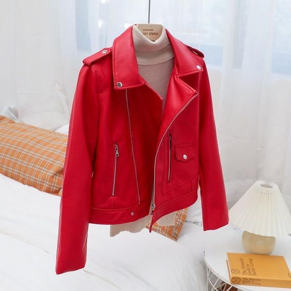 

women streetwear faux leather coats new 2020 spring autumn slim turn down collar short jackets ladies biker moto red outwear1, Black