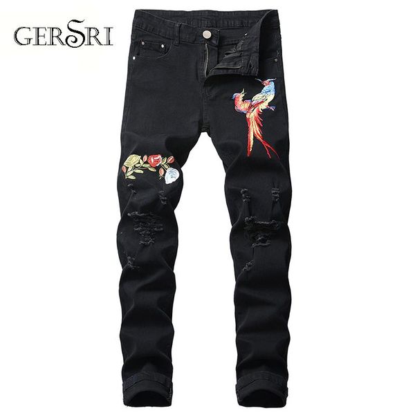 

men's jeans gersri casual fashion autumn denim cotton straight bird printed trousers distressed pants men jean, Blue
