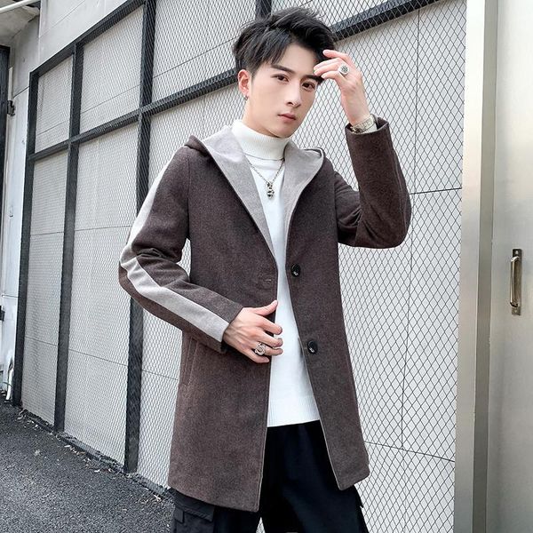 

coat men's fall and winter clothes men mid-length trench coat korean-style slim fit hooded woolen youth students fashi, Black