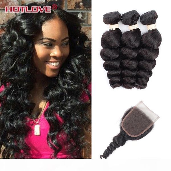 

fashion brazilian virgin hair loose wave with closure unprocessed brazillian loose curl hair bundles weave 3pc deals with lace closure, Black;brown