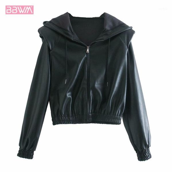 

fashion long sleeve black women's jacket vintage hooded jacket with shoulder pads zipper chic short female 1
