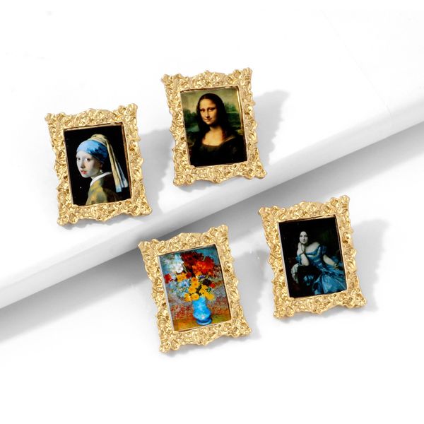 

girl with pearl earrings mona lisa portrait landscape oil painting earring for women popular jewelry famous art style earing, Black