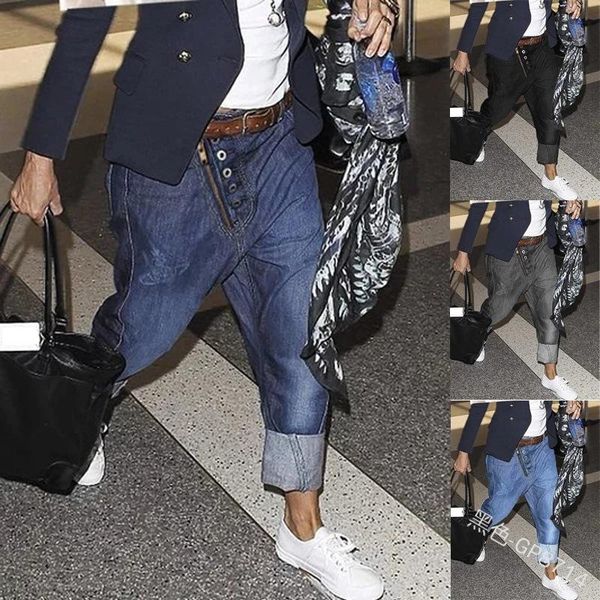 

men harem jean pants fashion stylish design pockets denim pants new casual men's loose low waist long jeans trousers male 2021, Blue