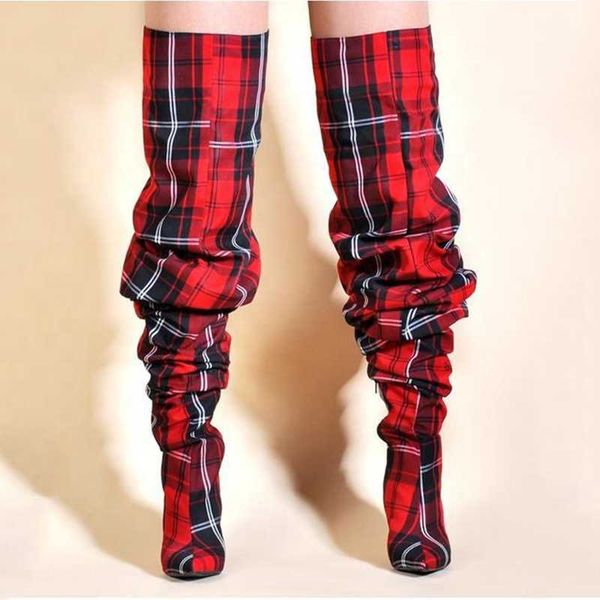 

big size 44 plaid print side half-zip over knee high pile of boots for women stiletto ladies pointed toe thigh high long booties, Black