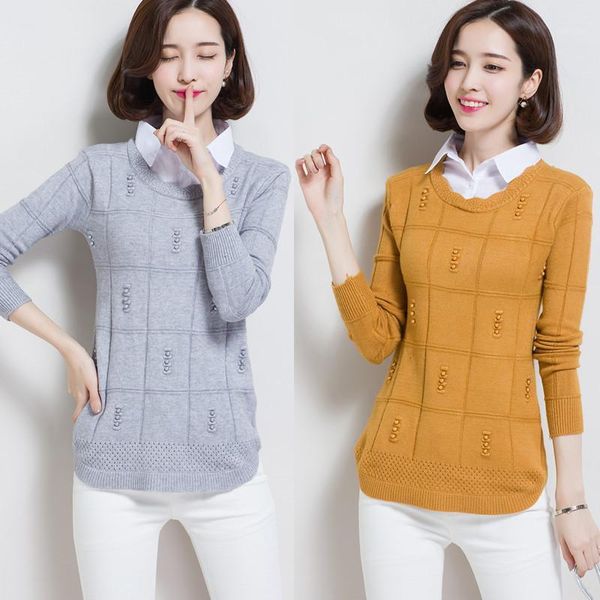 

autumn winter knitted sweater women fashion shirt collar fake two pieces medium length pullovers sweater female w18441, White;black