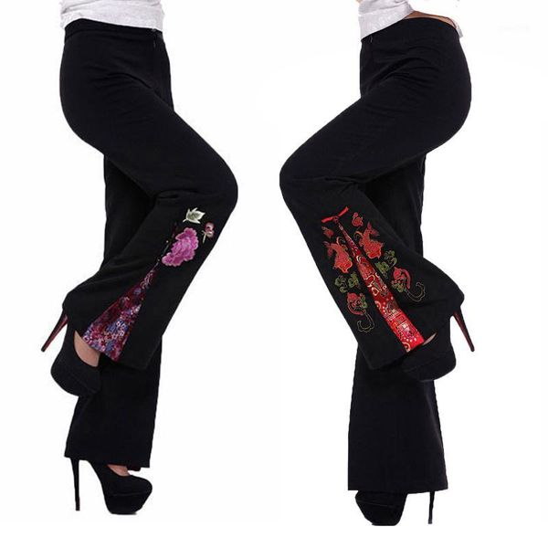 

new black chinese traditional women embroider flower flare pants full length trousers pantalones flare plus xs -5xl wns0319131, Black;white
