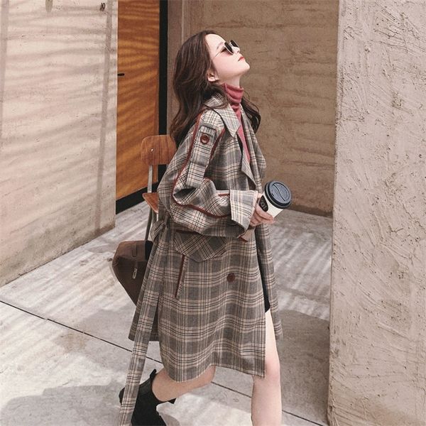 

quality women autumn winter plaid blazer trench coat female vintage elegant office ladies cloak sashes oat for women 201031, Tan;black