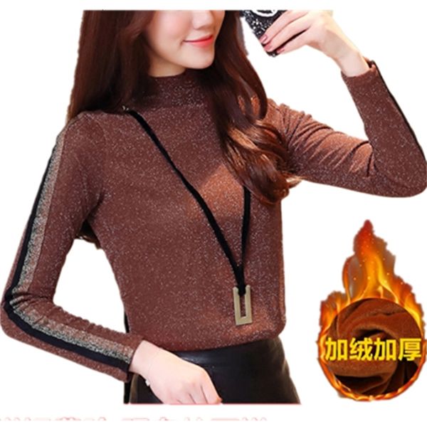 

2021 new elegant vintage bling shirts feminina autumn winter slim turtleneck veet basic tees female t shirt women 99u4, White