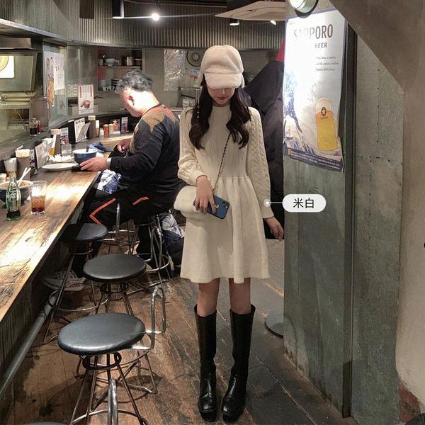 

women 2020 spring autumn long sleeve knitted a-line mini dress female high waist sweater dresses ladies o-neck slim vestido y631, Black;gray