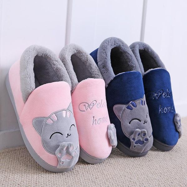 

home slippers women cartoon cat home shoes non-slip soft winter warm slippers indoor bedroom loves couples shoes plus size1, Black