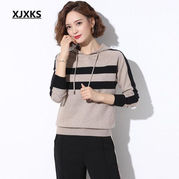 

xjxks 2020 autumn winter new fashion hooded women striped sweater casual women wool sweater pullover1, White;black