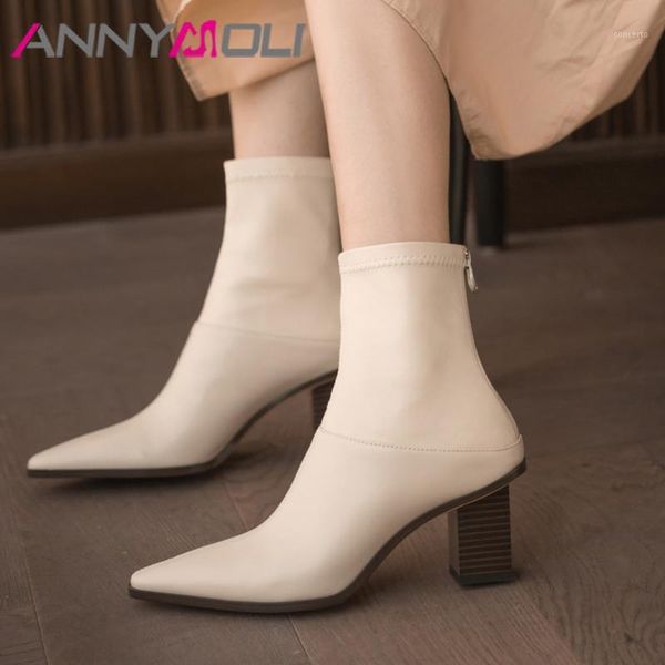

annymoli real leather high heel short boots women shoes pointed toe zip thick heels fashion ankle boots autumn black beige 431
