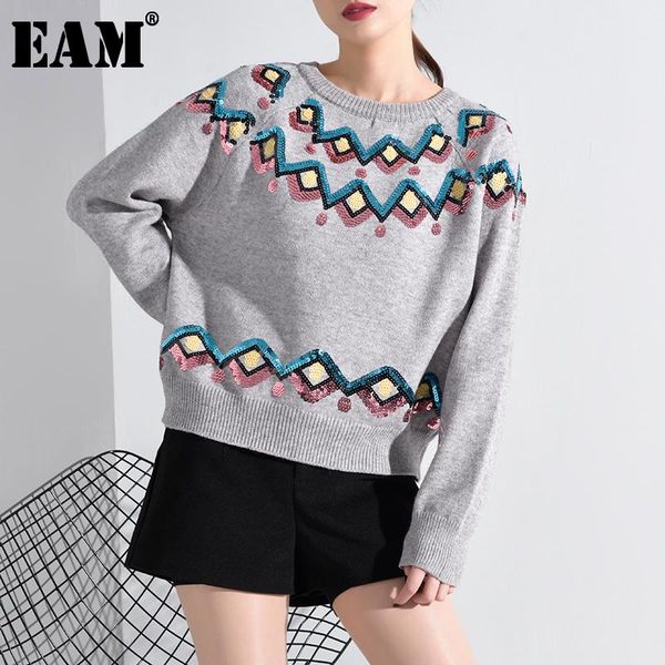

eam] big size sequins knitting sweater loose fit round neck long sleeve women pullovers new fashion tide winter 2021 jh98402, White;black