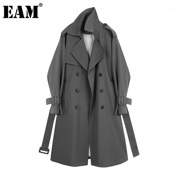 

eam] women gray brief bandage big size trench new lapel long sleeve loose fit windbreaker fashion spring autumn 2020 1da7571, Tan;black