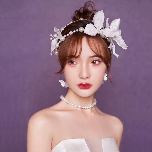 

high-quality bridal wedding accessories two-piece set of flower pearl headband earrings prom party fashion accessories handmade craftsmanshi, Silver