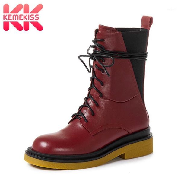 

boots kemekiss real leather women ankle cross strap zipper shoes flats round toe winter warm fashion footwear size 34-401, Black