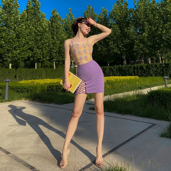 

2021 new practical summer special show elastic purple leg whole hollow game out above the knee mini wrap hip women's skirts wkwp, Black