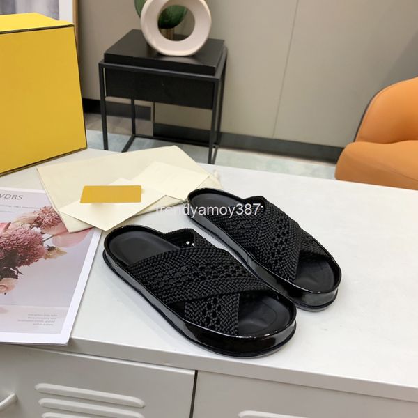 

slippers summer women's thick soled sandals fashion woven one button muffin shoes single slippers, Black