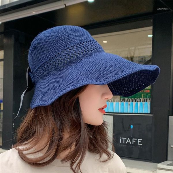 

woman's sun hats female bowknot visor caps hand made raffia straw summer cap casual shade hat empty hat girls beach1, Blue;gray